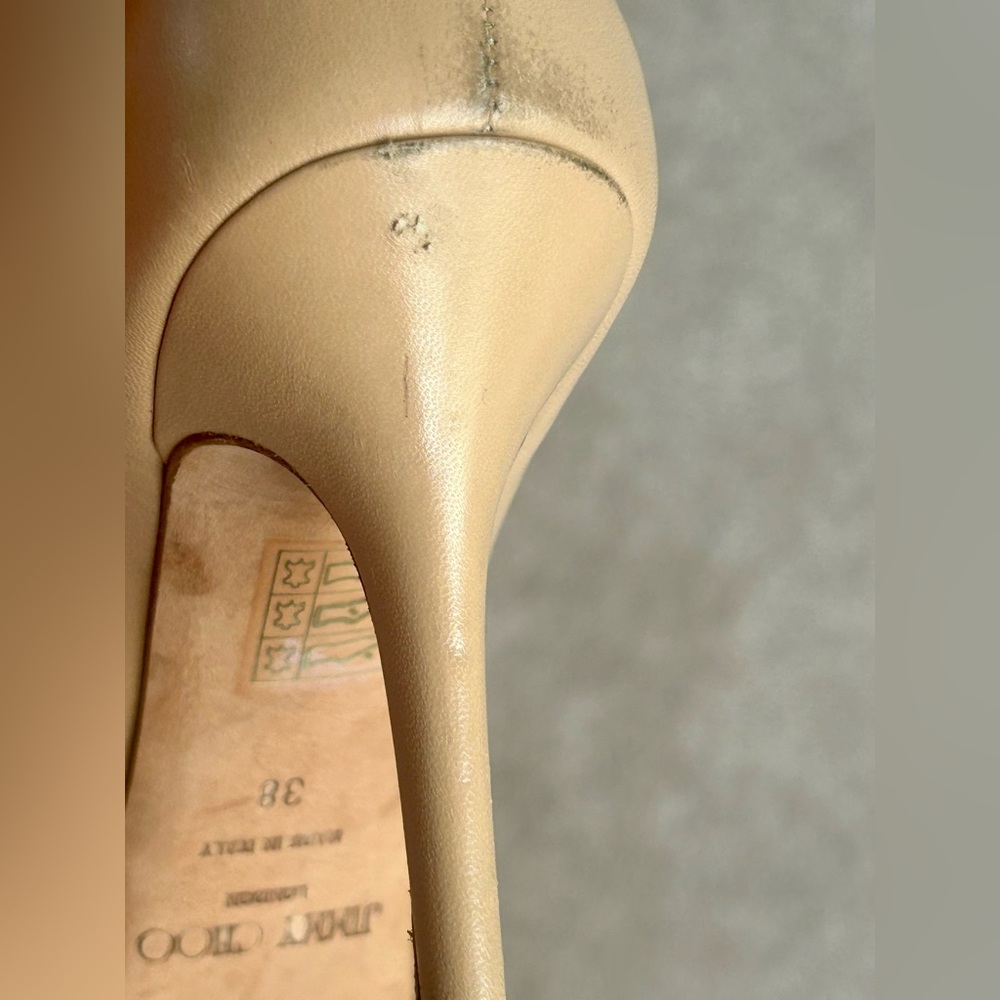 Jimmy Choo Beige Peep-Toe   Leather Heels 8 - Picture 3 of 12